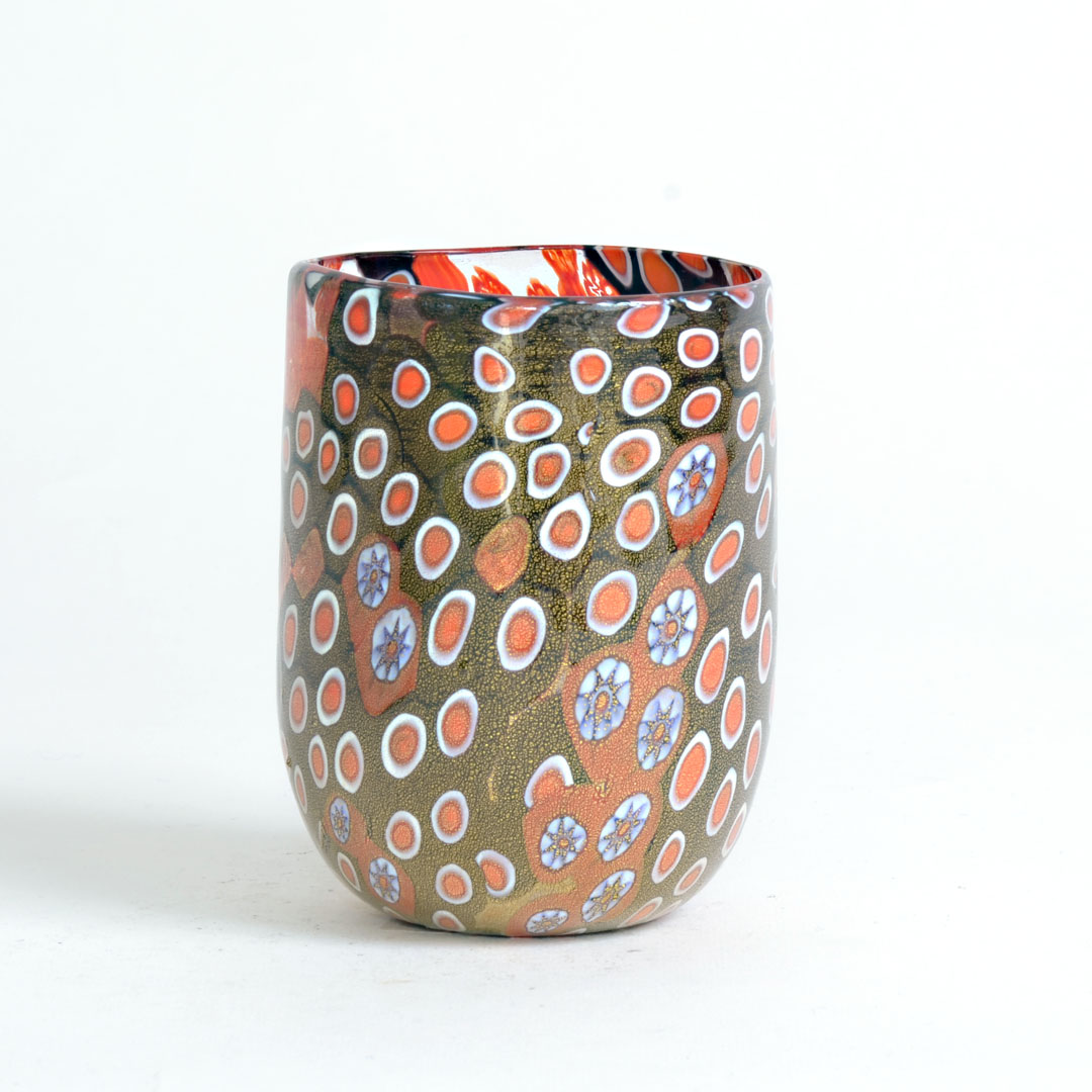 BICCHIERE MURANO CON MURRINE e Foglia ORO 24Kt.
